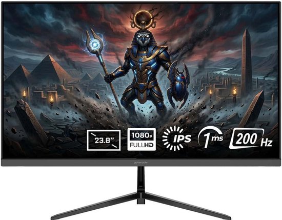 GameRaider 23,8 inch 1080p 200Hz 1ms IPS monitor met een afbeelding van een Egyptische god en piramides.