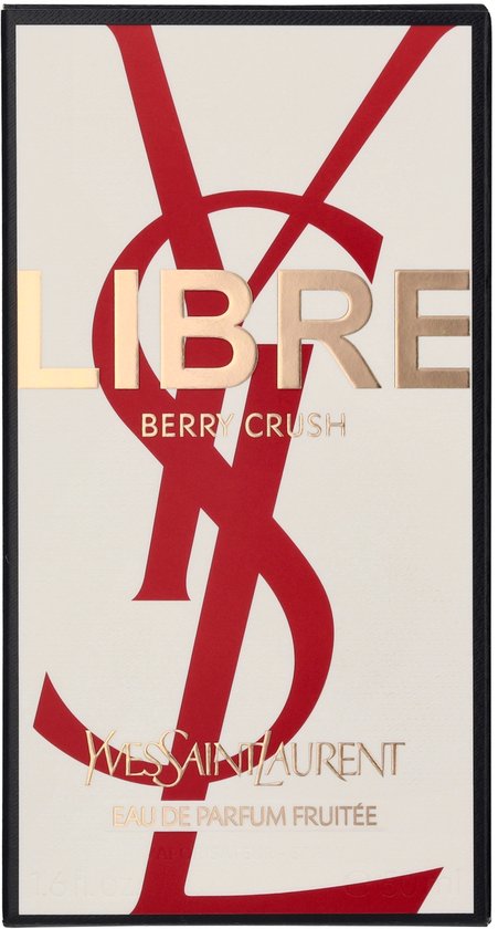 Doos met rood YSL-logo, tekst 'LIBRE BERRY CRUSH' en 'YVES SAINT LAURENT EAU DE PARFUM FRUITÉE'.