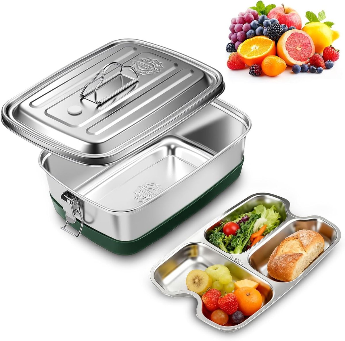 RVS Lunchbox met 2 Niveaus, 2000 ml Capaciteit, Waterdicht, Isolatie, Vaatwasserbestendig en Met Verdelers