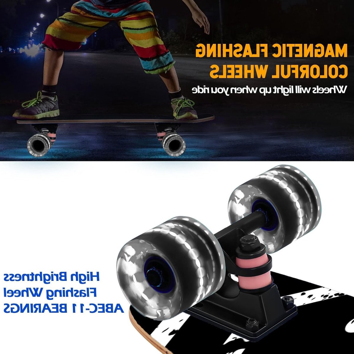 Kleurrijk Skateboard met Flitsende Wielen voor Beginners en Kinderen, Volledig Compleet 9-laags Skateboard van Canadees Esdoorn, Ideaal voor Jongeren en Volwassenen