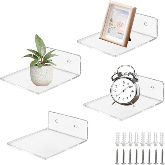 Set van 4 Kleine Wandplanken met Schroeven, Acryl Floating Shelf voor Badkamer, Woonkamer en Slaapkamer, Ideaal voor Decoratie, Planten en Klokken