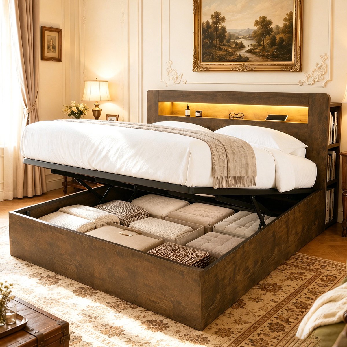 MIVRAY Bedframe 180x200 cm - Met Hydraulische Opbergruimte, LED En Stopcontacten - Zonder Matras - Hout - Houtkleur Naturel