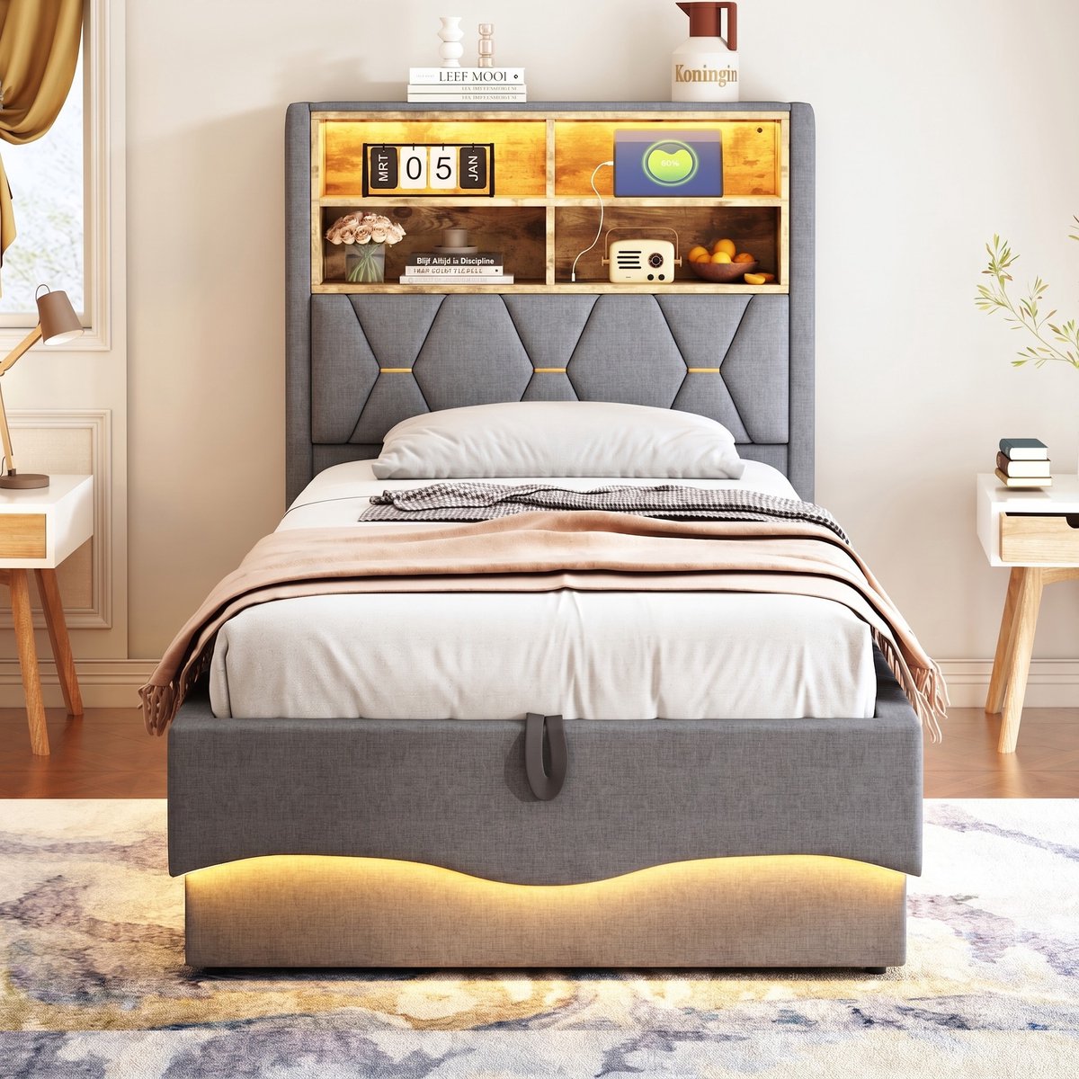 VVBV Kinderbed 90x200 – met Opbergruimte, LED en USB – Linnen – Grijs – Lattenbodem – Oplaadpunt – Kinderbed met Bureau – Lades – Bed met Led Grey