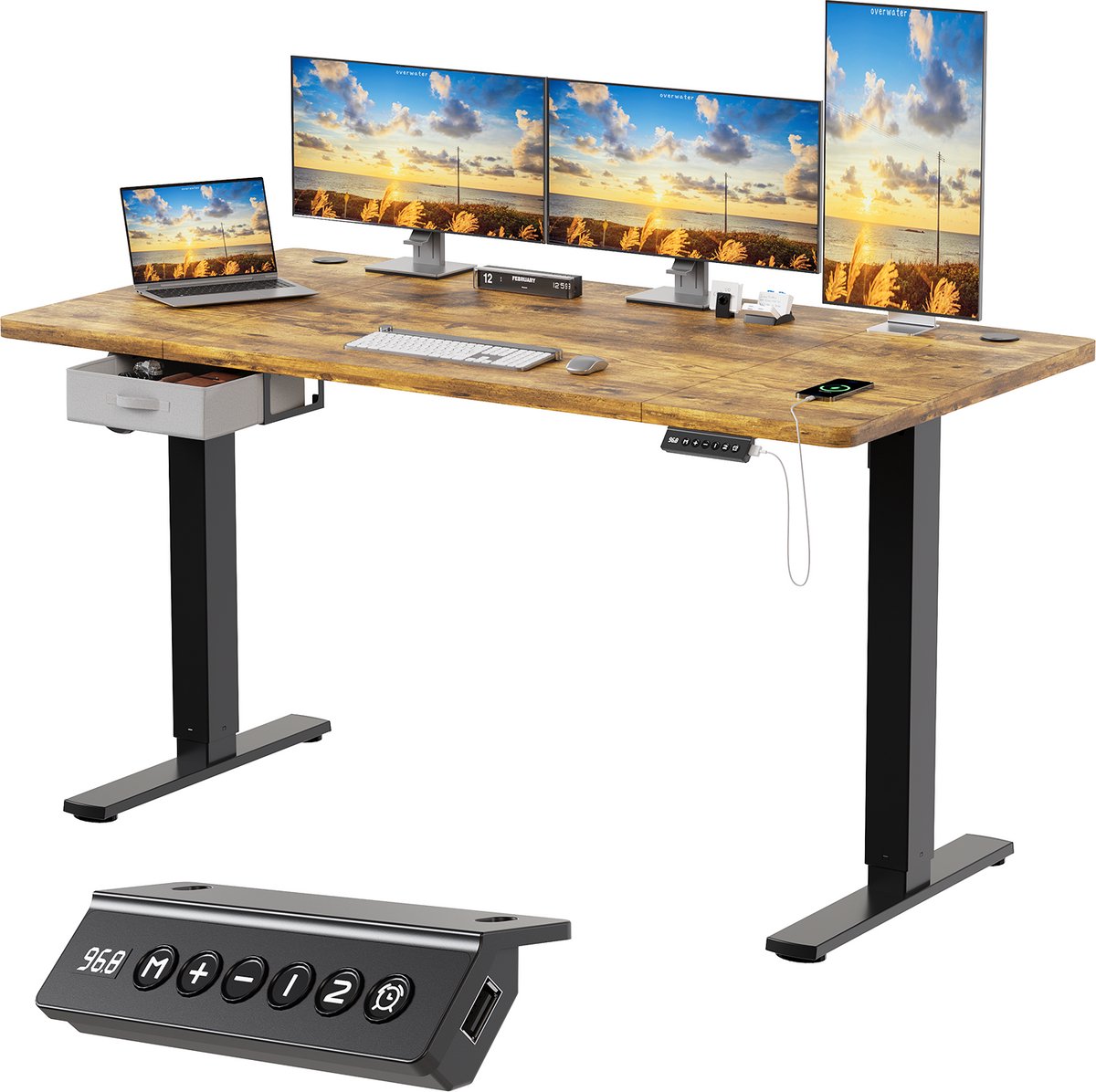 Devoko Zit-Sta Bureau 160x80 cm - Elektrisch Verstelbaar Bureau - Met Stoffen Lade - Zit-Alarm - Digitaal Display - USB - Bruin