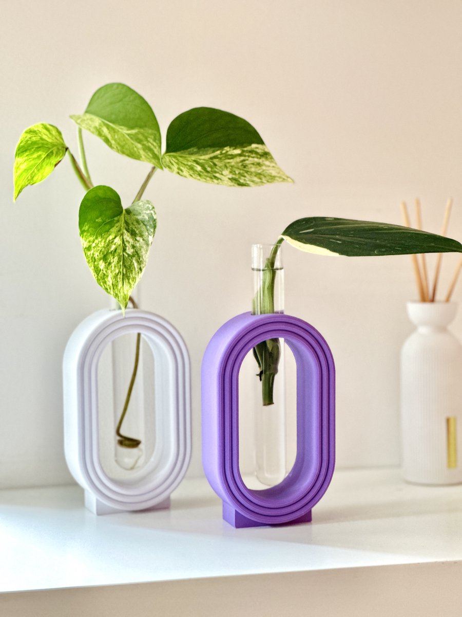 LOOP Stekhouders – 3D Geprint van Bio-Based PLA | Glazen Reageerbuisje | Stek Vaasje | Kamerplant Accessoire | Planten Cadeau | Wit en Paars