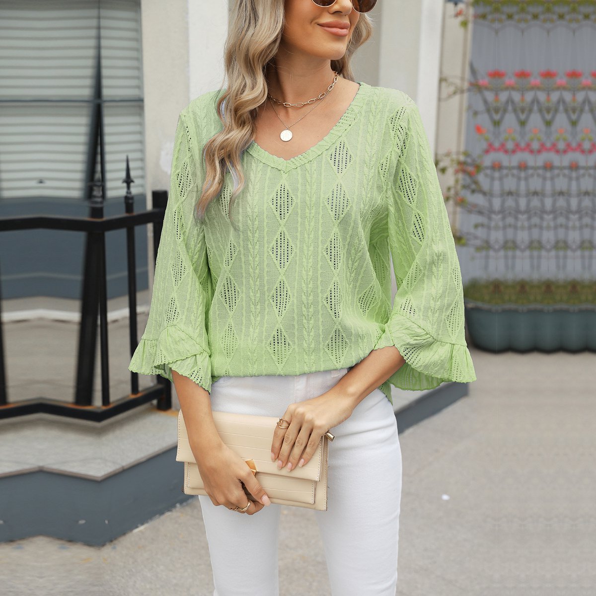 SUNMOOL Dames Blouse - Dames Top - V hals - Groen - Maat : XL