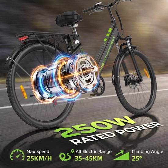 WITAMBIKE C26 Elektrische fiets - 26 inches - Max 25km/u - 250W motor -Tot 100 km - Met Kabelslot，Telefoonhouder，Fietspomp -Zwart — afbeelding 4