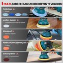 Illustratie van verschillende polijstpads en hun toepassingen, waaronder polijstkap, wol, wavepad en schuurpapier.