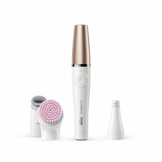 Braun FaceSpa Pro epilator met accessoires: reinigingsborstel, gezichtsapparaat, opzetstuk en houder. Wit met bronzen accenten.