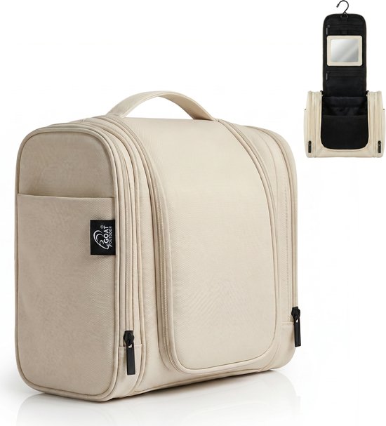 Trousse de toilette beige avec une poignée et une poche extérieure, avec une petite image du sac ouvert.