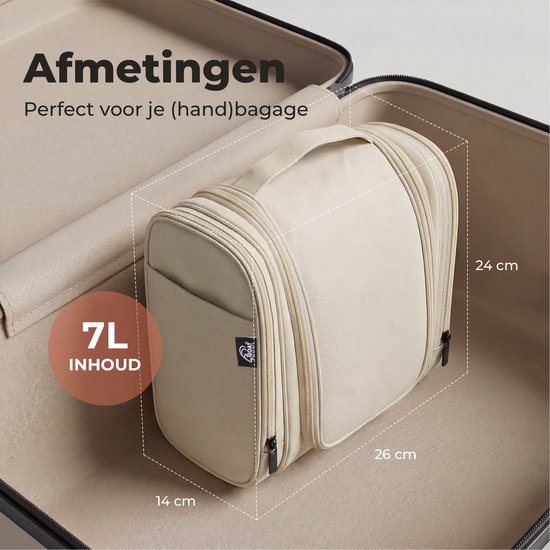 Beige toilettas in een open koffer, afmetingen 26x14x24 cm, inhoud 7L.