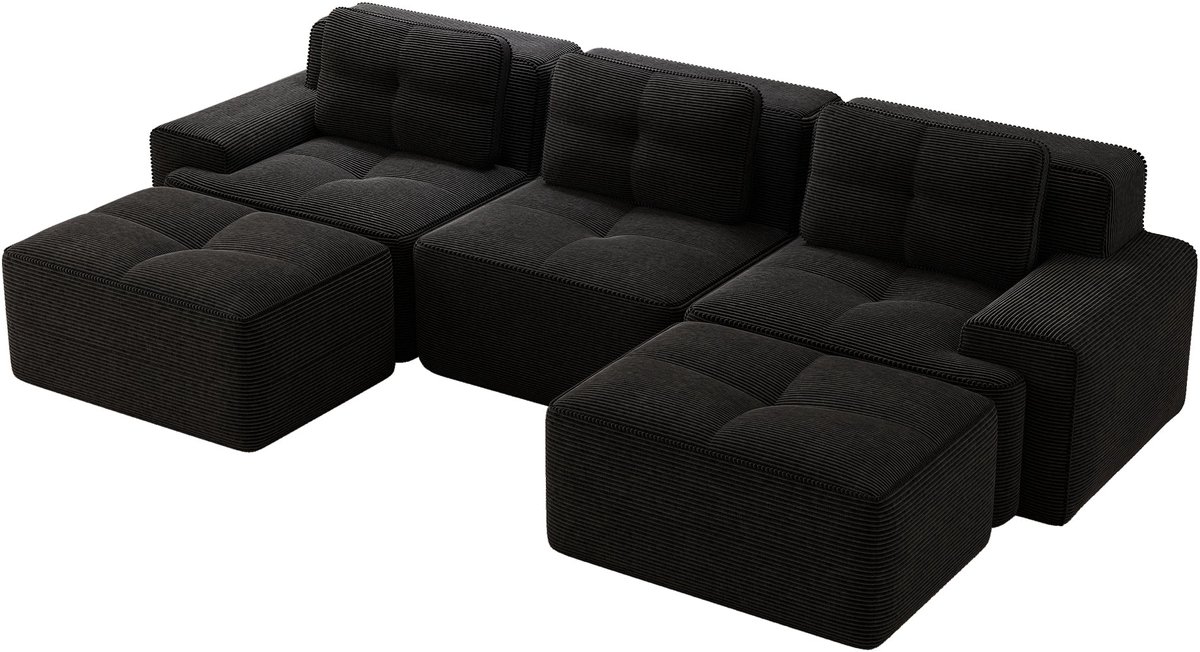 Merax U-Vormige Cloudbank 3-Zits - Zwarte Ribstof Loungebank 293 cm - Modulaire Bank met Hocker - Diepe Zitting - Antislip Onderzijde - Geen Montage Nodig