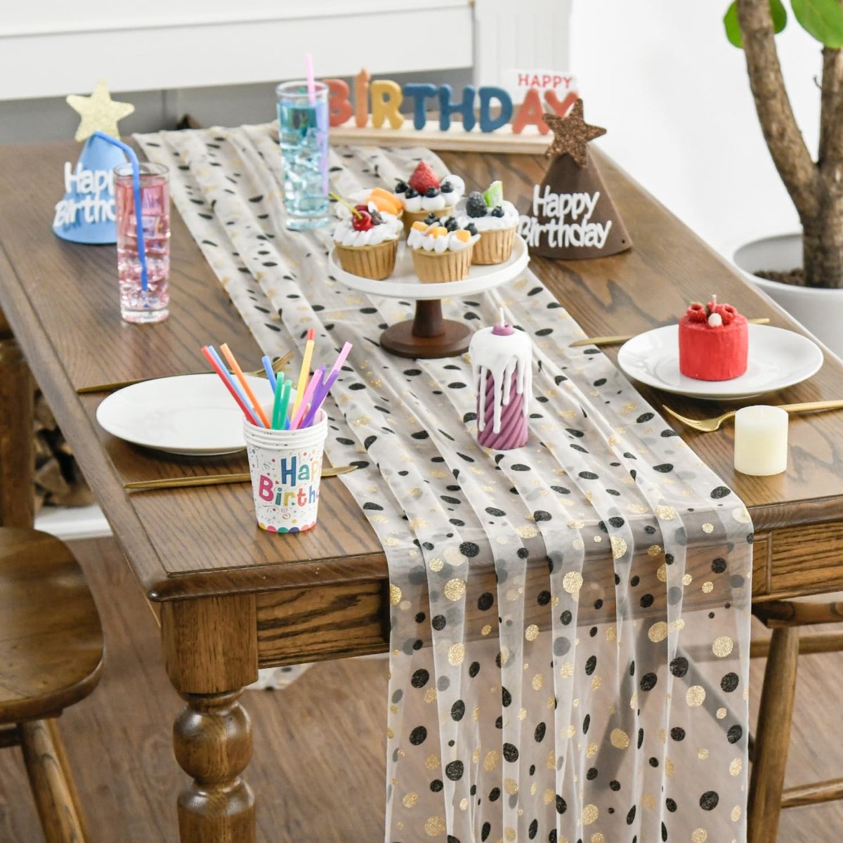 Dailygoods - Zwarte Gouden Tafelloper met Polkastippen voor Feestelijke Decoratie