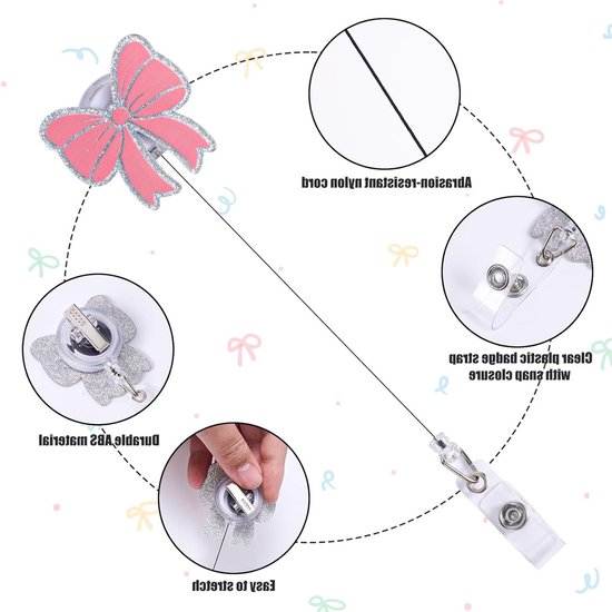 Schattige Badge Reel met Roze Strik, Retractable ID Houder met Alligator Clip voor Verpleegkundigen, Medisch Personeel en Studenten Accessoires — afbeelding 2