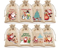 8 Herbruikbare Kerst Cadeautasjes, Stoffen Tassen met Trekkoord voor Snoep en Feestjes (10 x 15 cm)