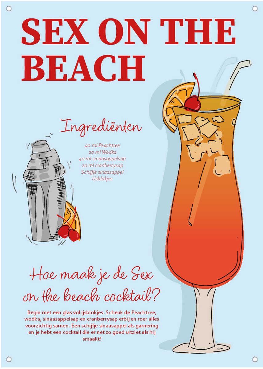 Sex On The Beach Cocktailrecept - Tuinposter - Tuindoek - 50x70 cm - Buitenposter - Schuttingdoek - Tuinschilderij voor Buiten