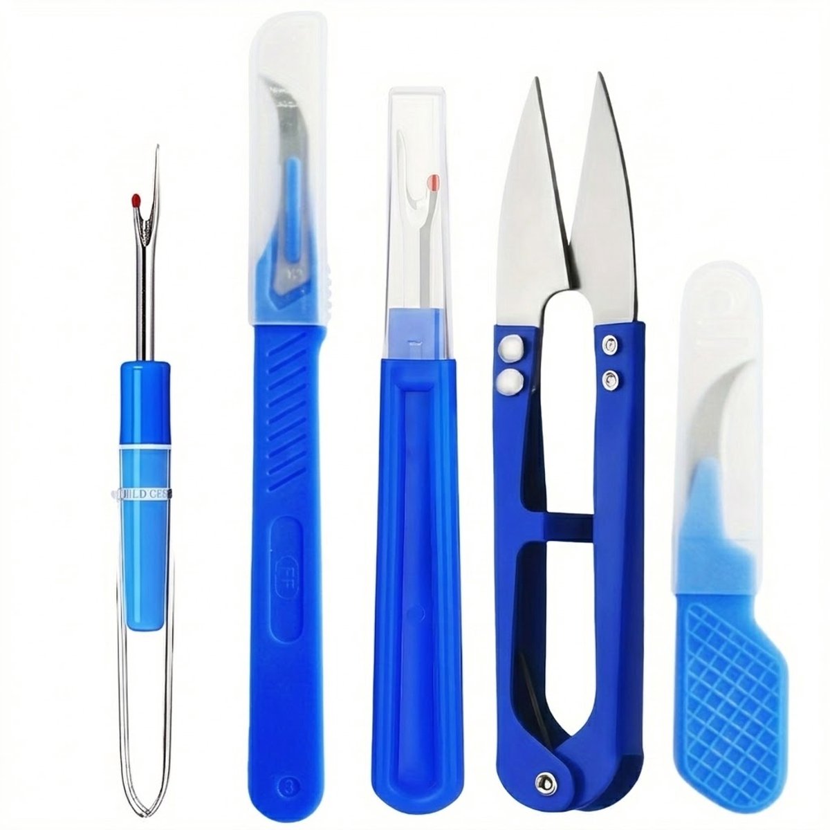 Blauw wit tornmesjes set 5 delig unisex naai hulpmiddelen set met draadknipper tornmesje en draadschaartje voor naden uithalen en naaien