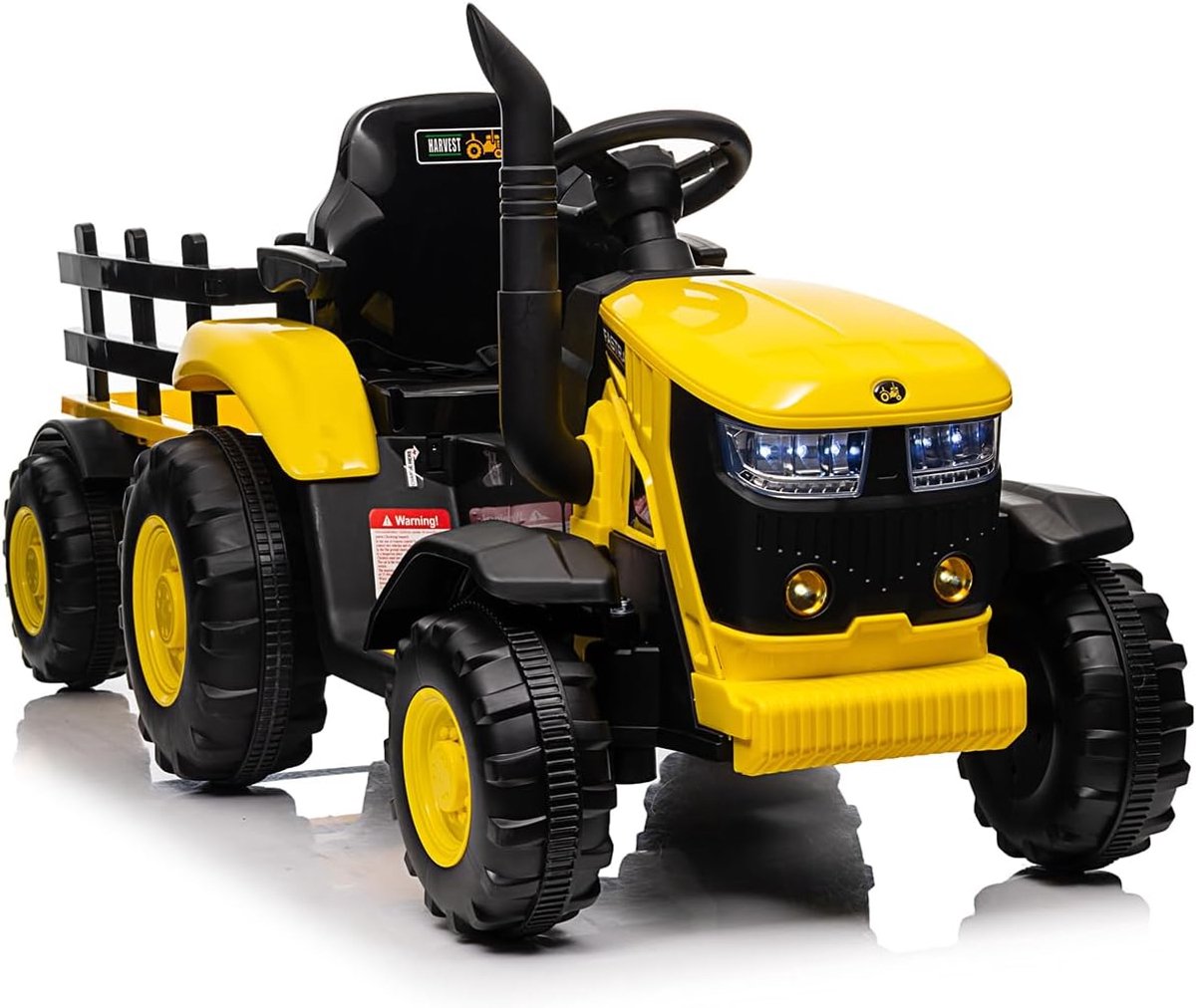 Elektrische Kindertractor 12V met Aanhanger en Afstandsbediening - Speelgoed Tractor met 6 Banden - 2 Motoren, Bluetooth, Muziek & LED Verlichting - geel