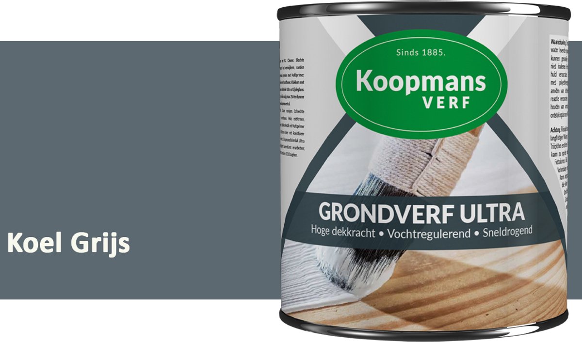 Koopmans Grondverf Ultra – Grondverf Hout & Metaal Binnen en Buiten – Vochtregulerende Primer – Hoge Dekking – Zijdeglans – Koel Grijs – 375 ml