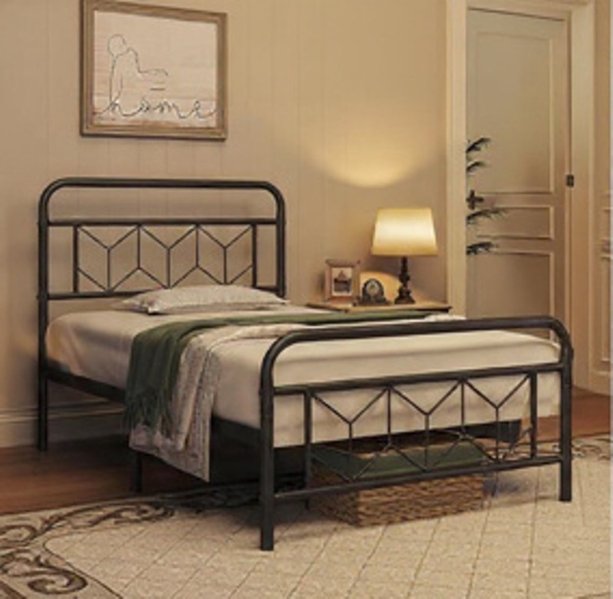 Minimalistisch Metalen Bedframe 90x200 cm met Hoog Hoofdeinde en Lattenbodem – Stevig Eenpersoonsbed, Industrieel Design, Zwart - Mobili Bella