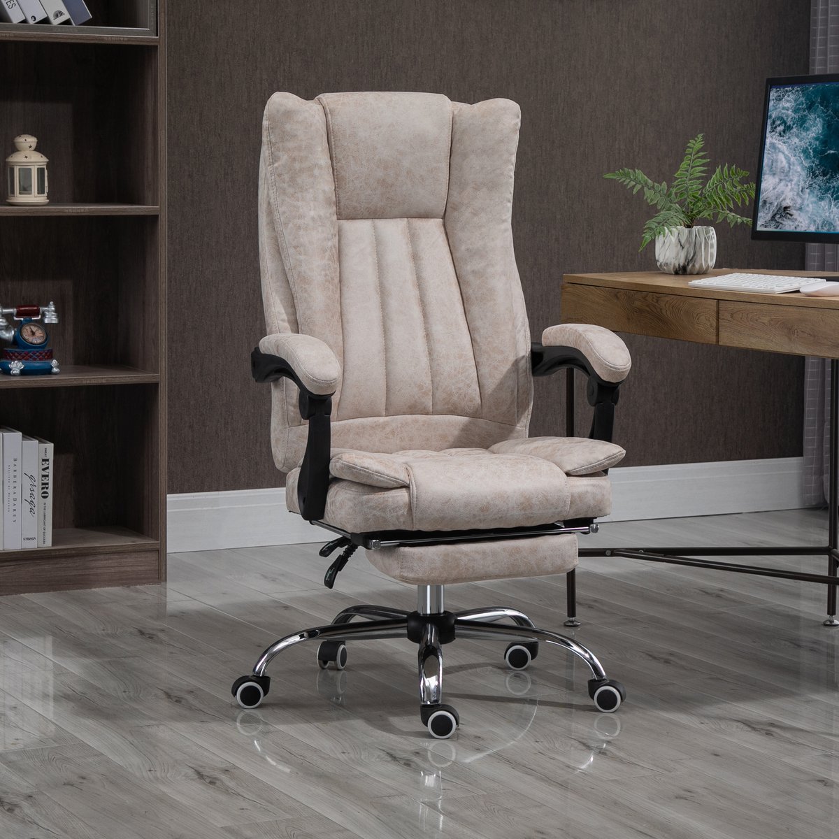MIVRAY Bureaustoel 63 x 71 x 110-118 cm - Verstelbaar Met Voetsteun - Voor Kantoor En Thuiswerk - Microvezel Beige
