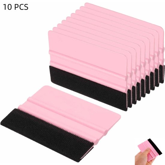 Een stapel van 10 roze vellen met zwarte vilten rand rakel gereedschap.