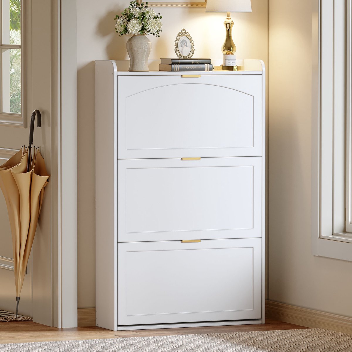 MODENUIT Schoenenkast - Smal Model Met 3 Kleppen - Voor Hal En Woonkamer - Spaanplaat Wit - 76x23x118 Cm