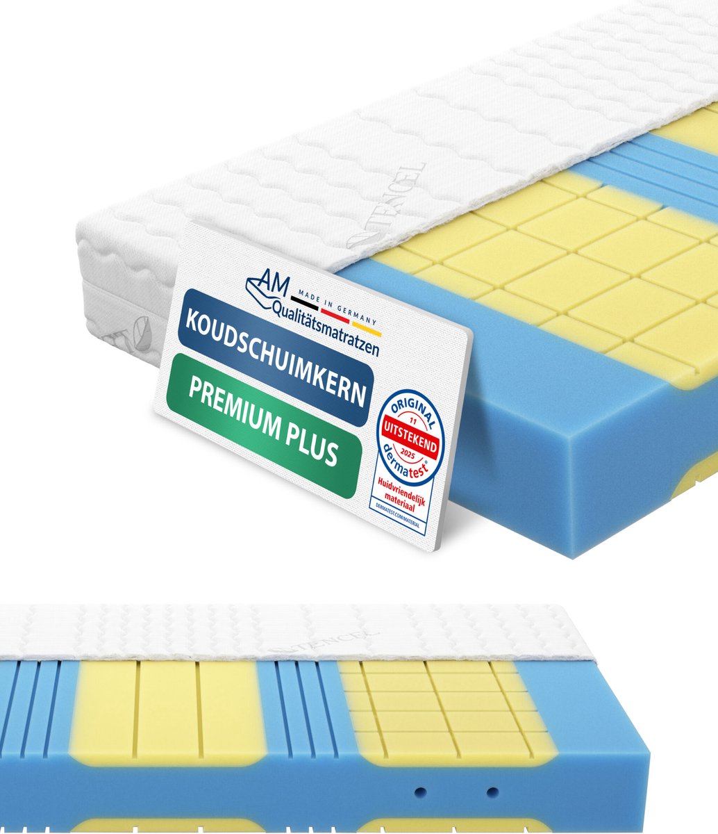 AM Qualitätsmatratzen Premium Plus 7 zones koudschuimmatras 200x200 H3 met traagschuim Made in Germany OEKO TEX gecertificeerde visco koudschuimmatras 200x200 19 cm hoog Wit
