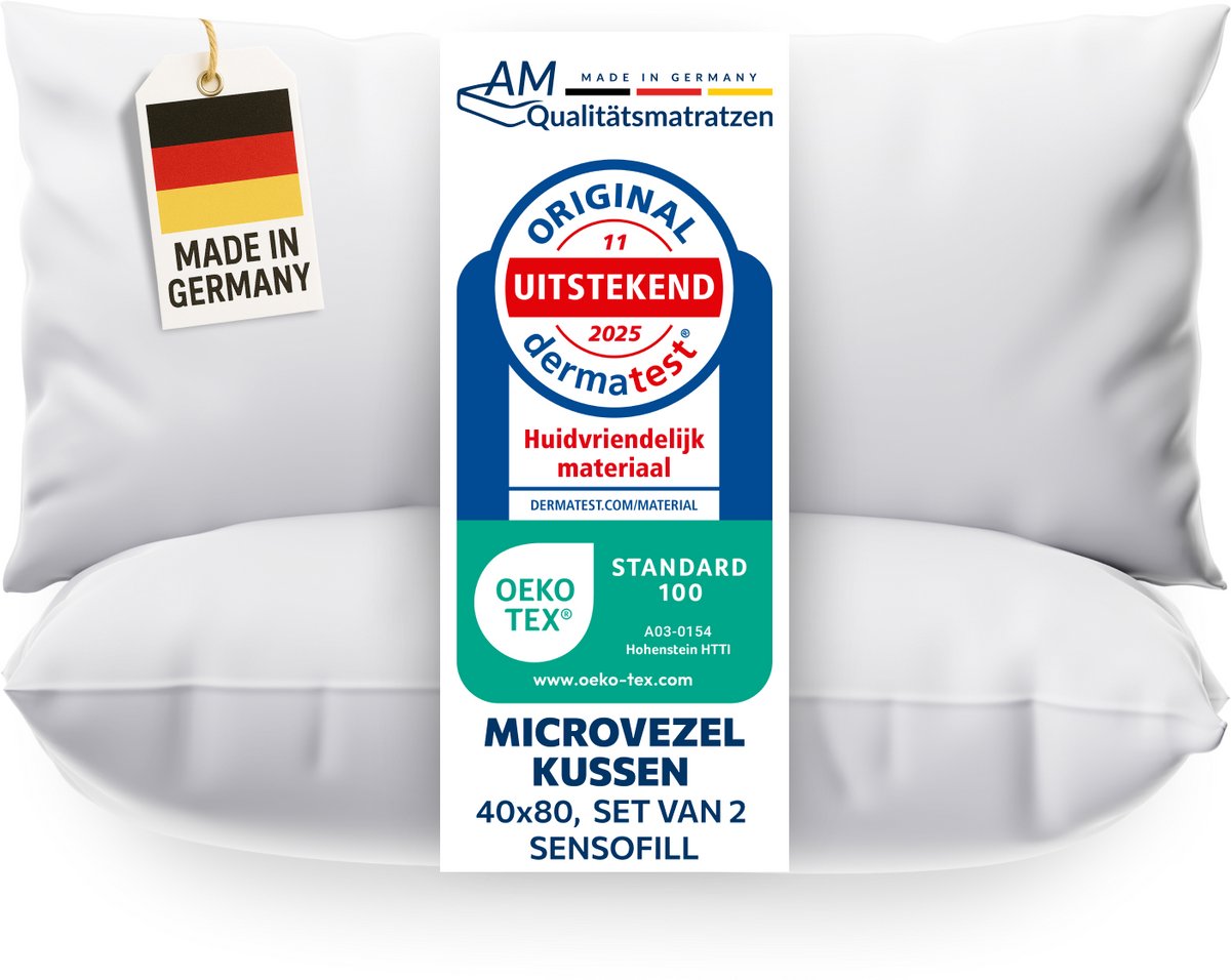 DormiGood Premium microvezel kussen 40x80 Set van 2 - Made in Germany - Anti-allergeen kussen met hoogwaardige Sensofill-vulling - OEKO TEX-gecertificeerd Pillow met kussensloop van 100% katoen