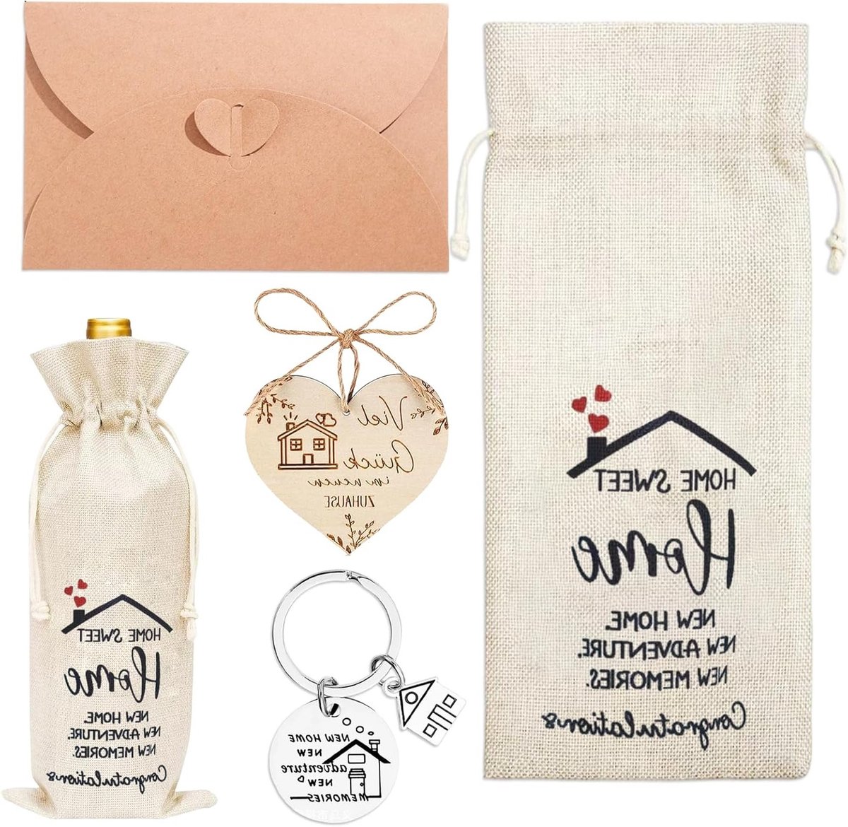 Complete Set voor Huizenwarming – Gelukscharms Sleutelhanger, Wijnfles Tas, Houten Hart en Envelop – Symbolisch Cadeau voor Nieuwe Thuis, Verhuizing of Huwelijk