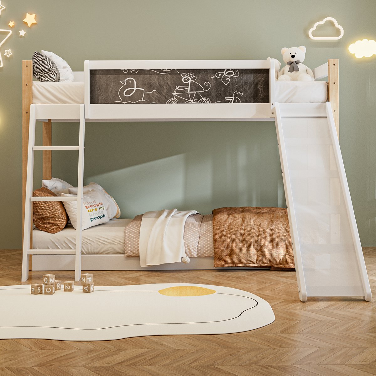 VVBV Stapelbed voor Kinderen met Glijbaan en Trap, Wit Houten Bedframe 90x200 cm, Veilige Uitvalbeveiliging