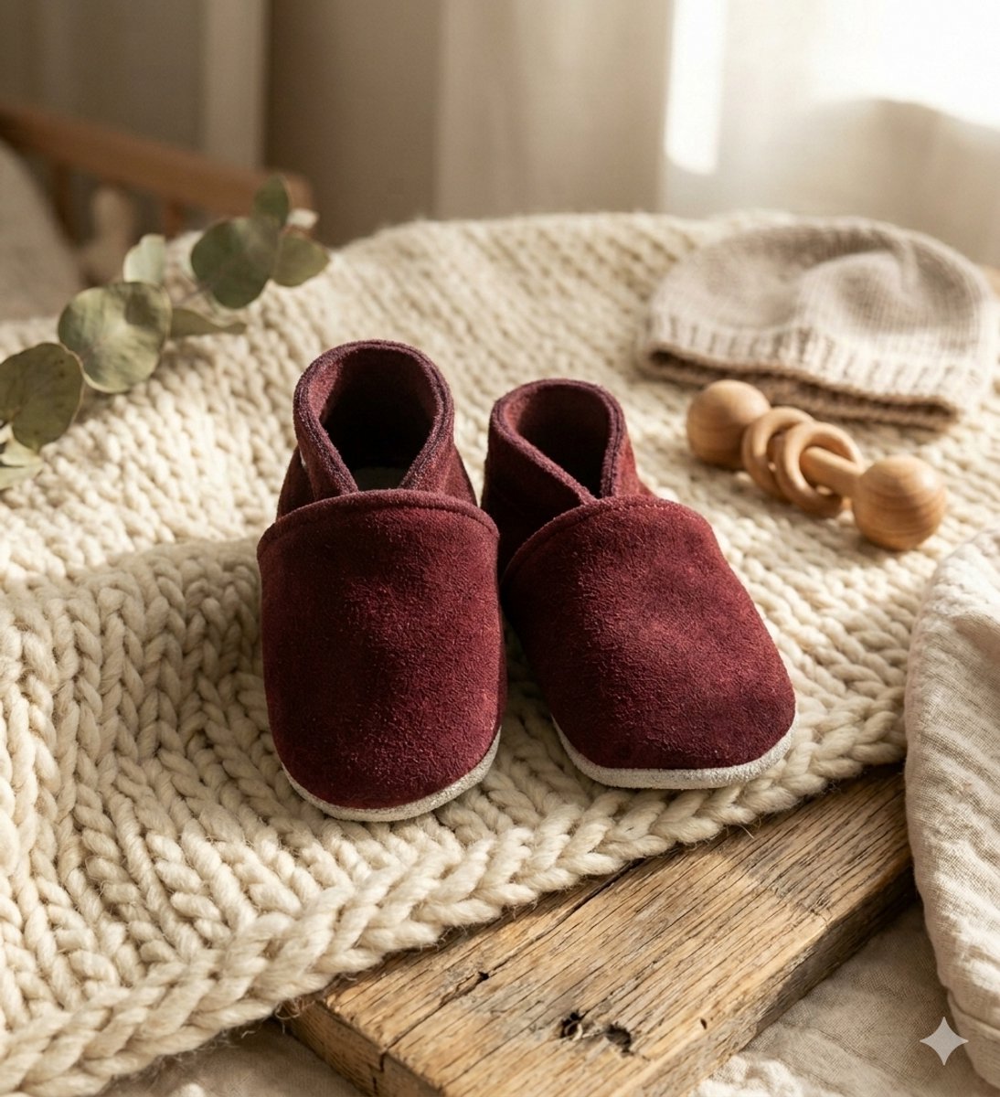 Stabifoot Babyslofjes – Zacht Leer – Cadeaudoos - Linnen zakje - Barefoot - BORDO 0 - 3
