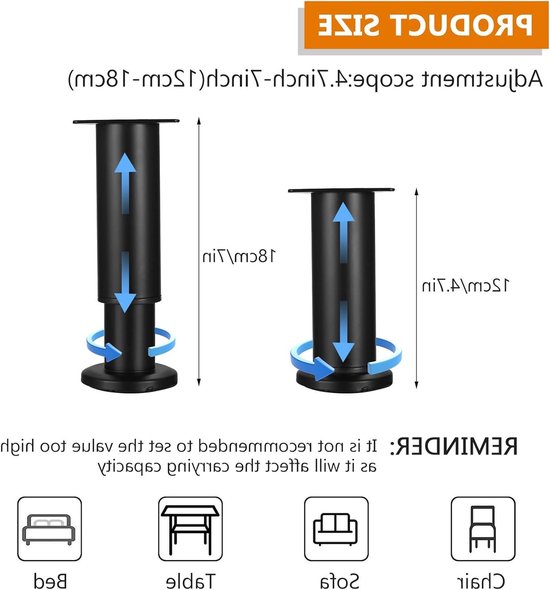 Versterkte Zwarte Poten 12-18 cm voor Meubels zoals Kasten, Tafels en Banken - Duurzame Ondersteuning voor Jouw Interieur — afbeelding 5