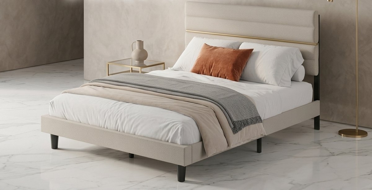 Luxe Gestoffeerd Tweepersoonsbed 160x200 cm met Verstelbaar Hoofdbord – Modern, Stil & Stevig Bedframe van Metaal en Hout in Cappuccino Beige | Mobili Bella