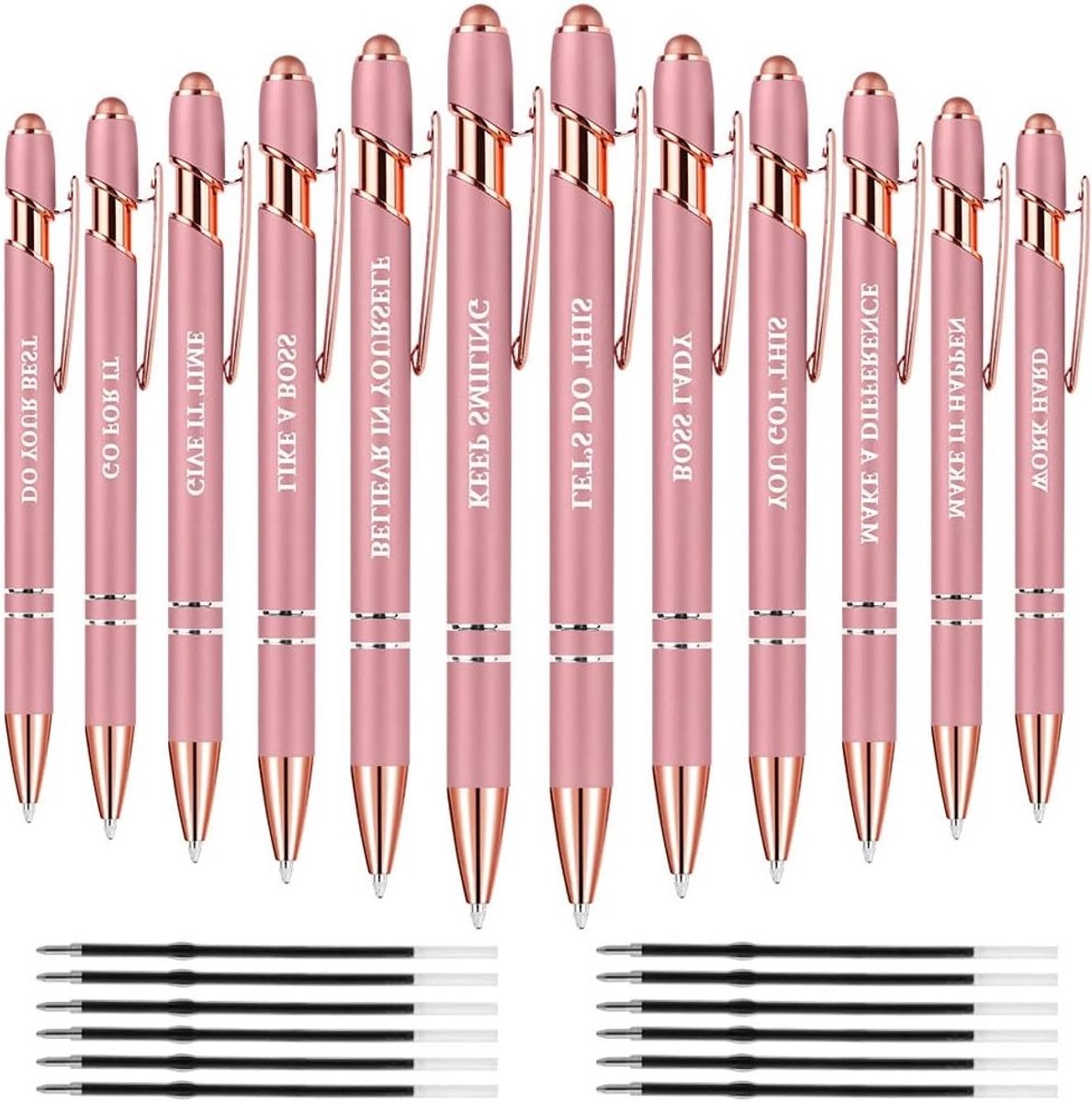 Set van 12 Metalen Inspirerende Pennen met 12 Navullingen en Optische Potloodpunt - Zwarte Inkt 0.5mm, Perfect voor Notities en Cadeaus