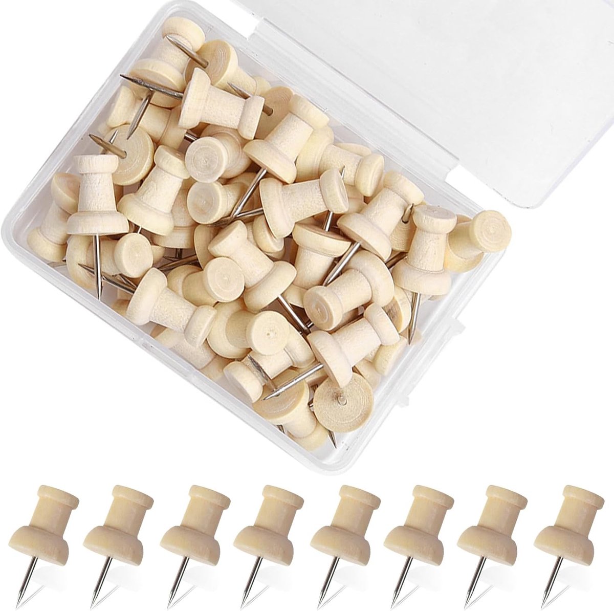 50 houten punaises, kurken punaises voor prikborden, met opbergdoos, geschikt voor prikborden, punaises voor kaarten, accessoires voor kurkborden.
