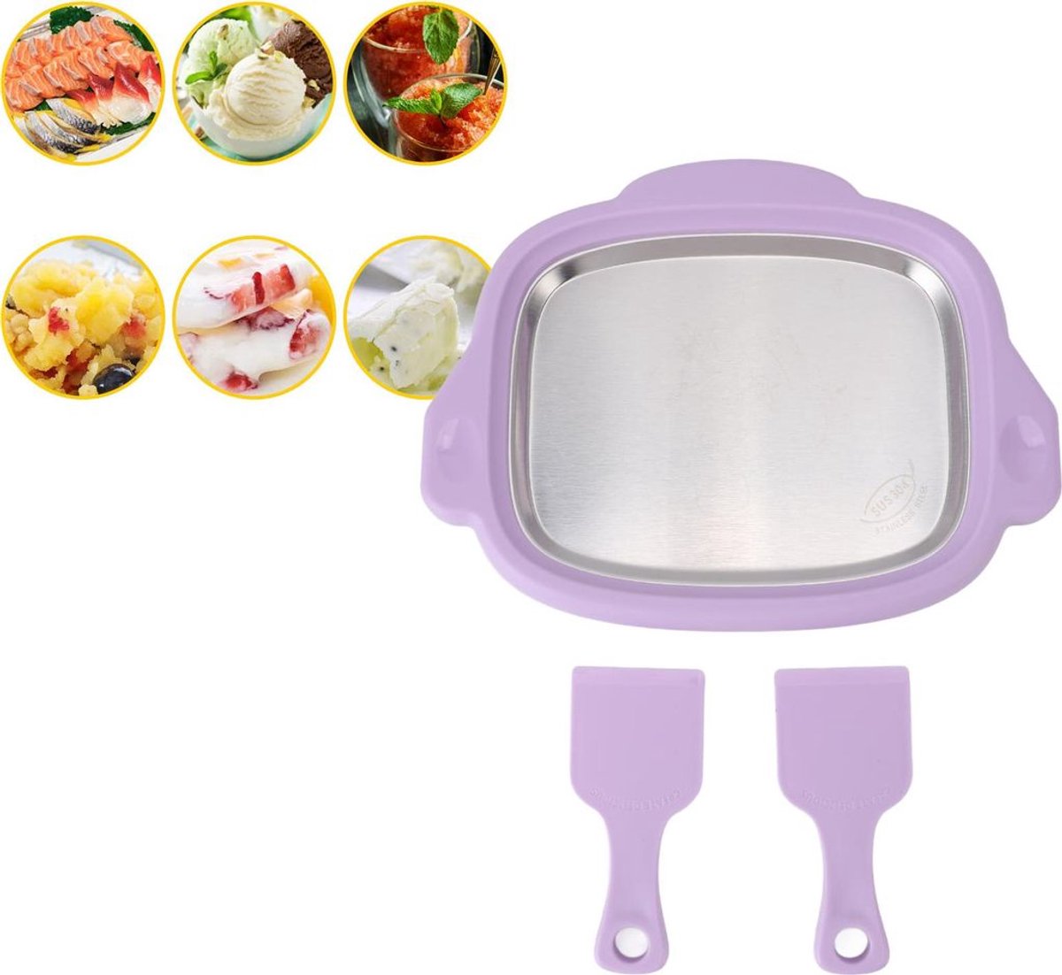brengen2Een ijsschep, een ijsrolmaker, een yoghurtfriteuse, paars
