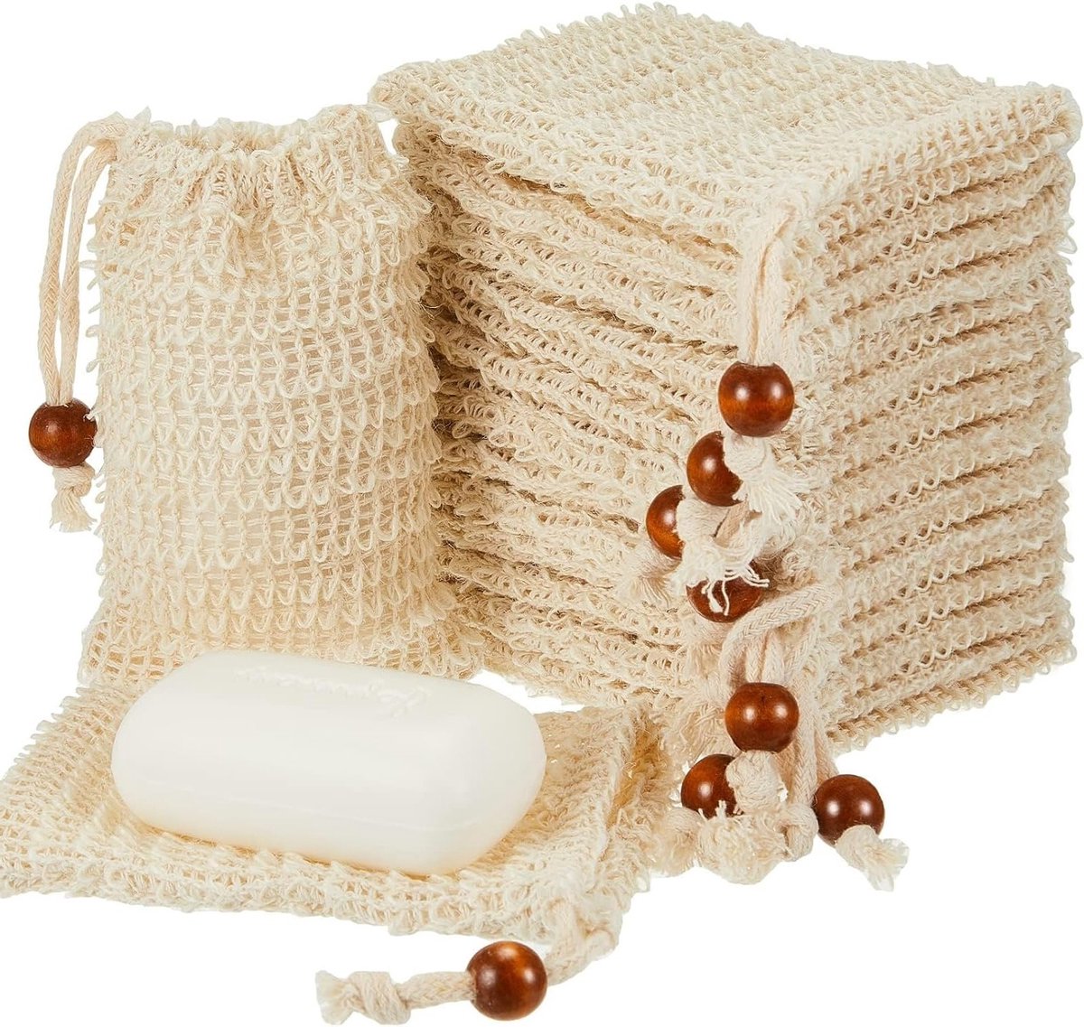 10 Stuks Sisal Zeepzakjes met Trekkoord, 14 cm x 9 cm, Voor Massage en Bloedcirculatie in Badkamer