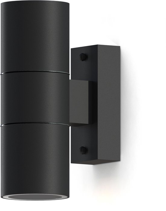 Applique murale cylindrique double noire, fixée au mur, sur fond blanc.