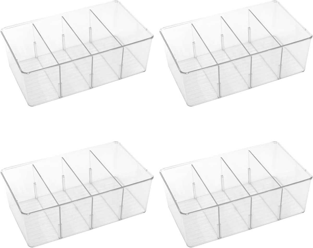 Vierdelige set plastic opbergdozen met tussenschotten en deksel, perfect Geschikt voor het organiseren van de keuken, het opbergen van spullen in de koelkast of in keukenkastjes.