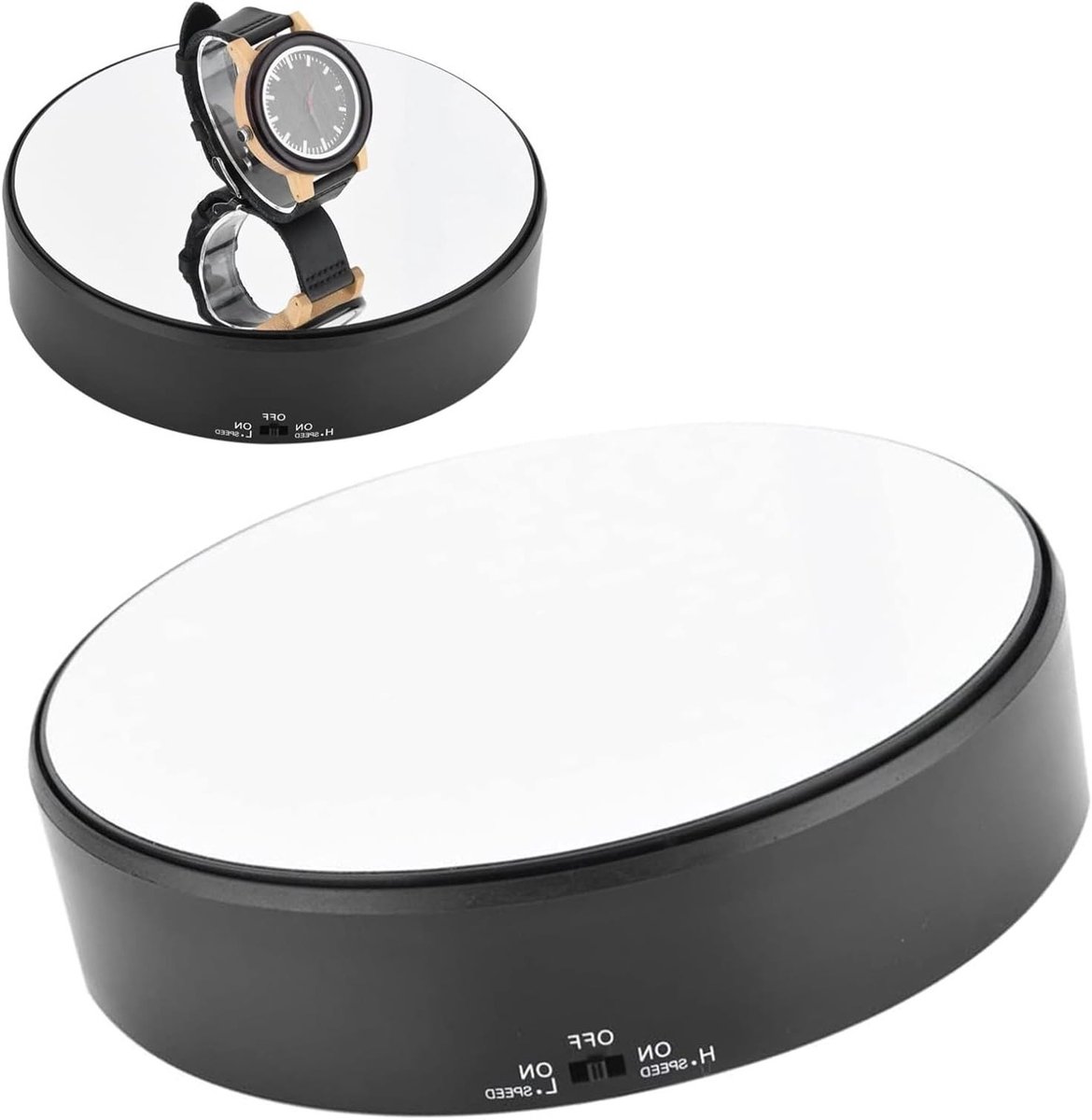 Rotary Display Stand van 18 cm met Spiegelglas, 360° Draaiend, Verstelbare Snelheid, Ideaal voor Tentoonstellingen en Presentaties van Horloges