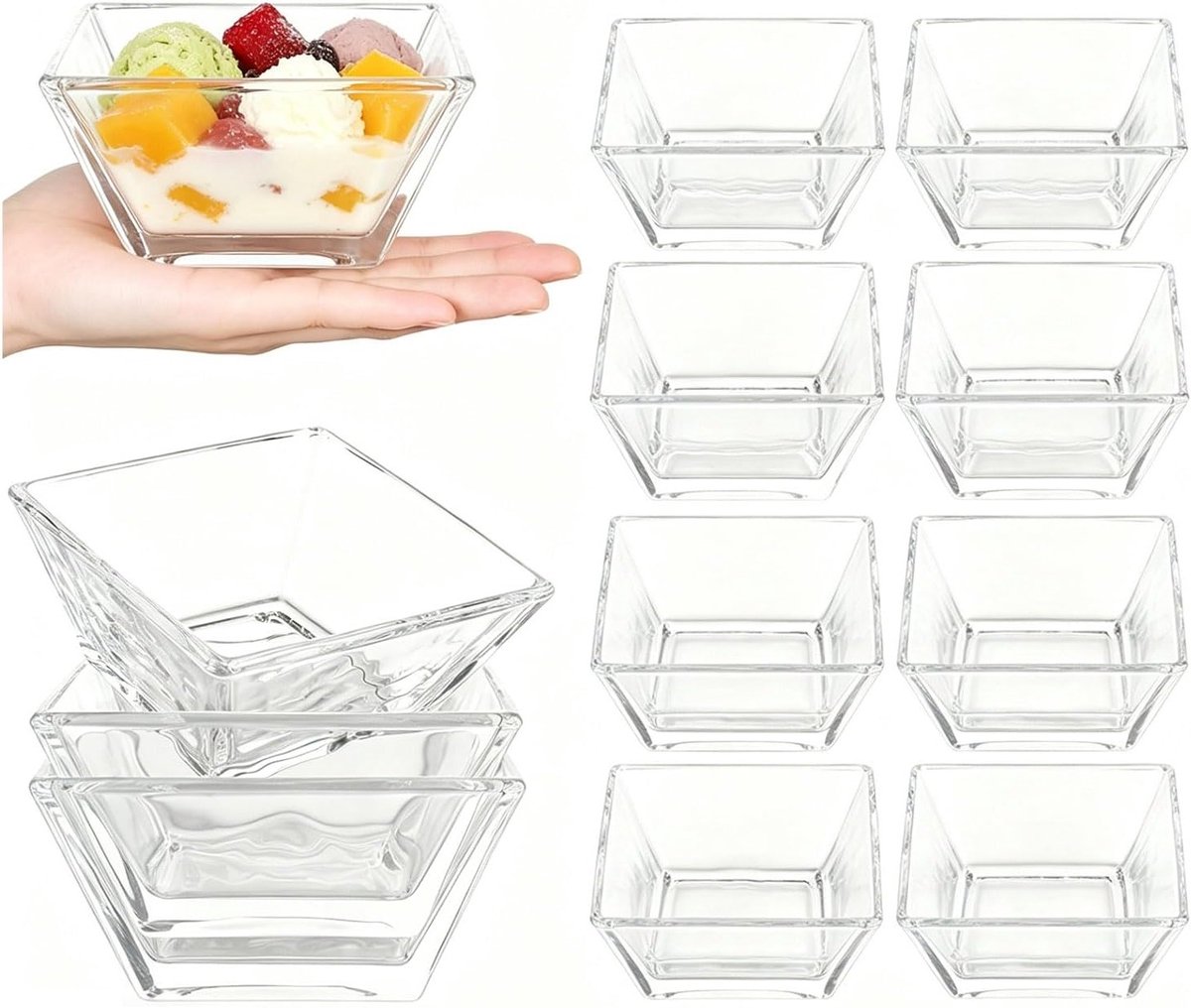 Set van 12 Stapelbare Glazen Dessertkommen van 230 ml voor Taart, IJs en Snacks