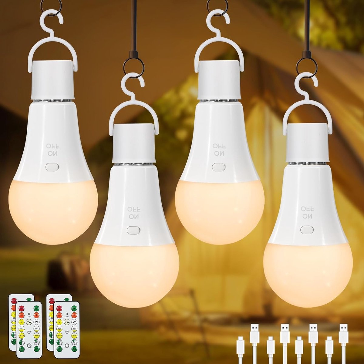 Oplaadbare E27 LED Lamp met Afstandsbediening, 7W, Dimbaar, 3 Kleuren, Campingverlichting, Timerfunctie, Buitenlamp, Set van 4