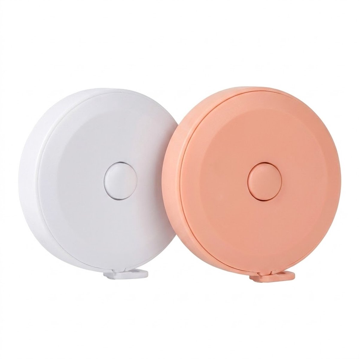 Roze wit meetlint draagbaar mini meetlint unisex rond design intrekbaar rolmaat compact kunststof behuizing drukknop mechanisme flexibel meetlint met centimeter en inch schaal naai meetlint set