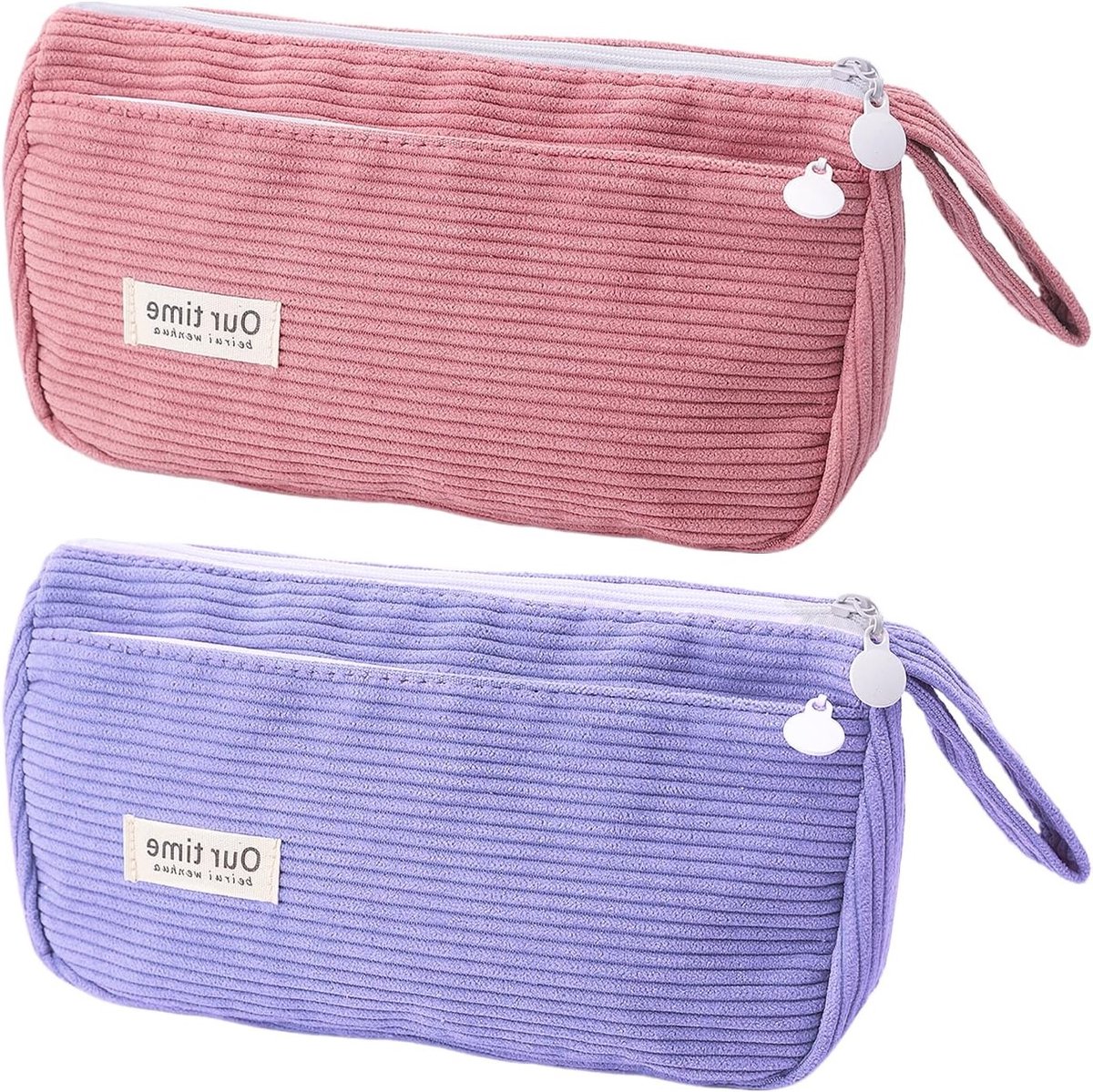 Grote Dubbele Laag Pennenzak van Corduroy met Rits, Hoge Capaciteit, Perfect voor School, Kantoor en Reizen, Roze en Paars Design