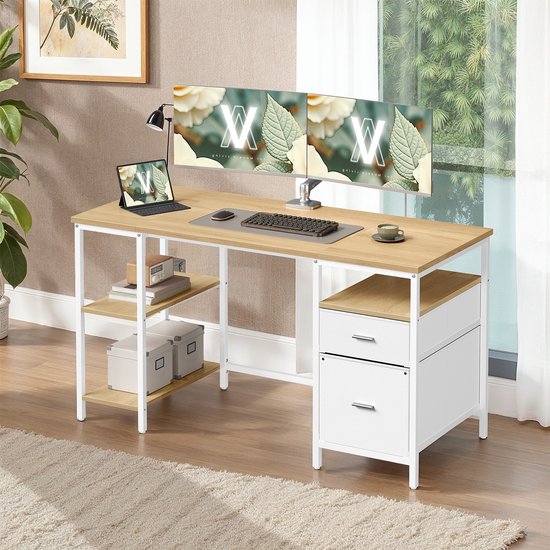 Bureau avec plateau en bois et cadre en métal blanc. Comprend 2 étagères, une commode à 2 tiroirs et 2 écrans.