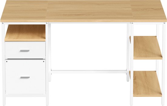 Bureau en bois avec cadre en métal blanc, 2 étagères à droite et une commode à 2 tiroirs à gauche.