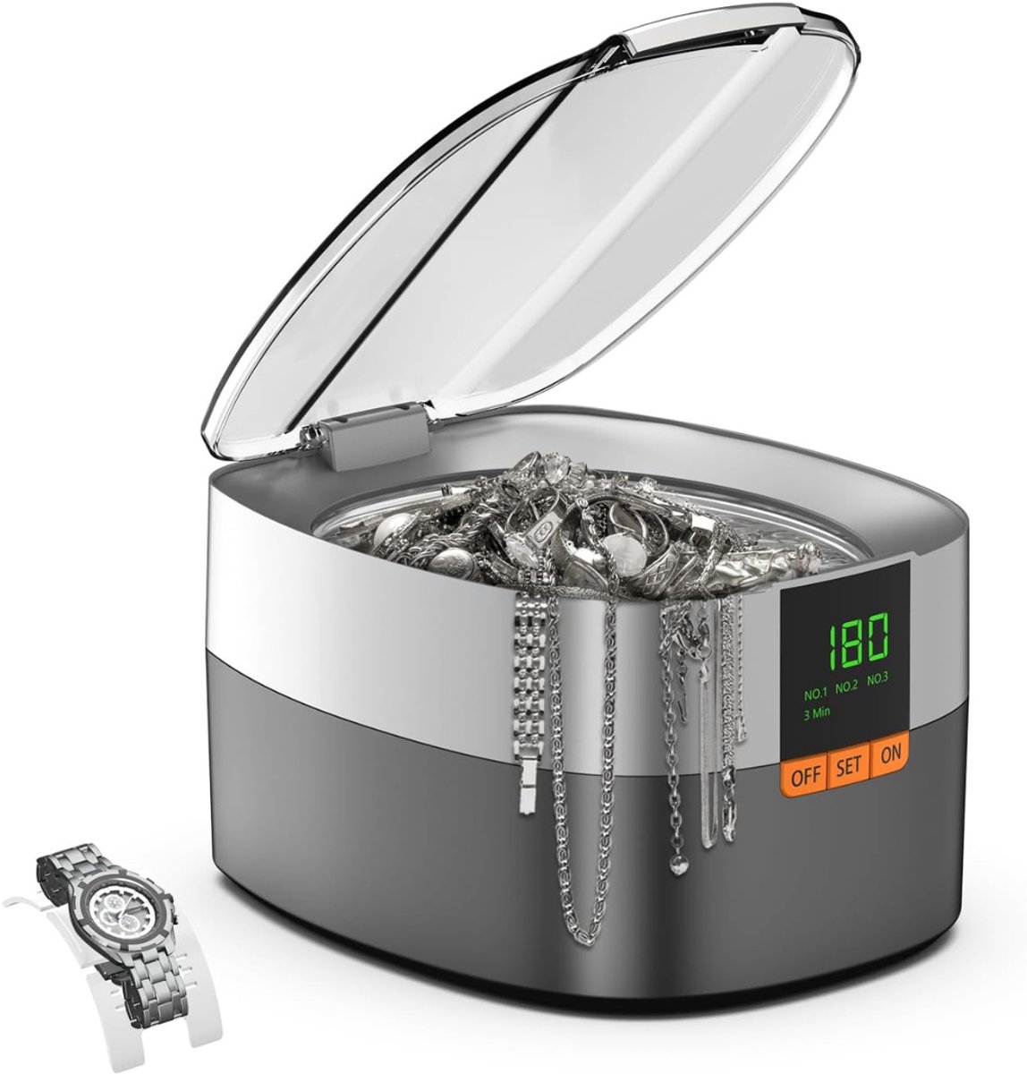 MIRA® Brillenbad - Reinigingsapparaat - Ultrasone Bad - met Timer - 750 ml - Zilver/Grijs - 23cm x 21cm x 16cm