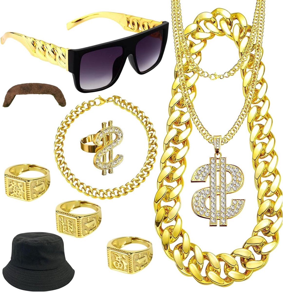 Set van 4 Gouden Kettingen met Dollar Tekens voor Mannen, Hip Hop Kostuumaccessoires, Feestelijke Mode en Carnaval