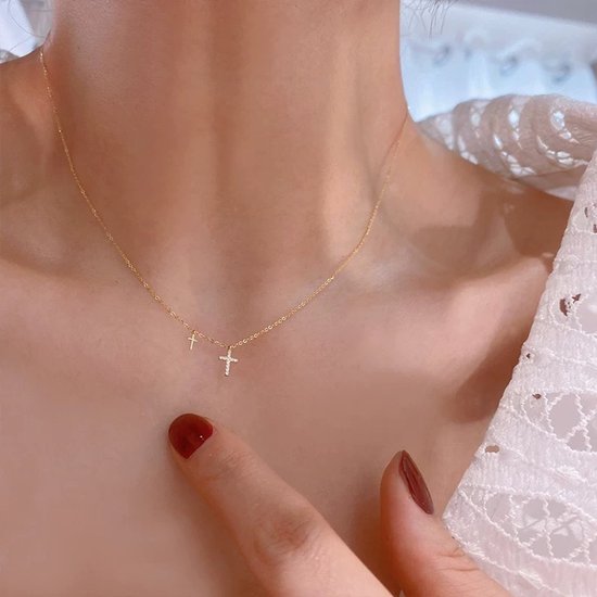 Helin life S925 sterling zilveren ketting met dubbele kruisjes – minimalistische, luxe ketting met diamanten – veelzijdig verguld sieraad voor dagelijks gebruik – 14-karaats verguld – luxe geschenkverpakking – perfect cadeau voor dames – 45 cm